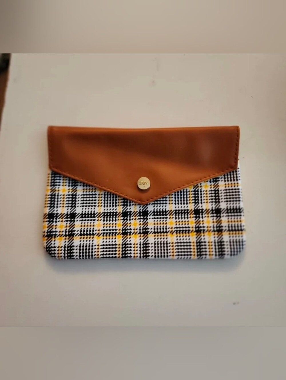 IPSY Yellow Black Plaid Envelope Cosmetic Makeup Bag Clutch Pouch Snap Button